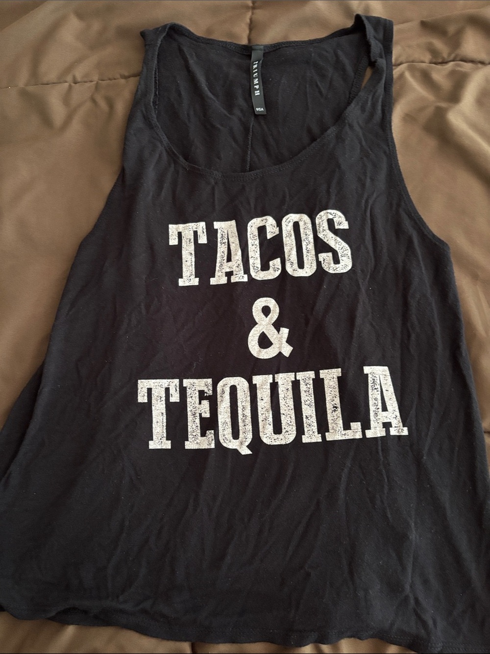 Triumph Black Tank Top with White "TACOS & TEQUILA" Graphic